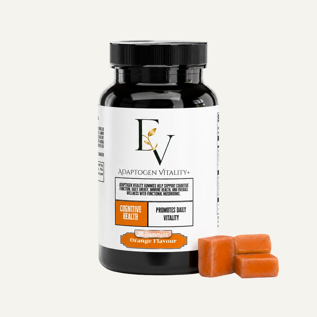 Supplement bottle with gummies on a white background