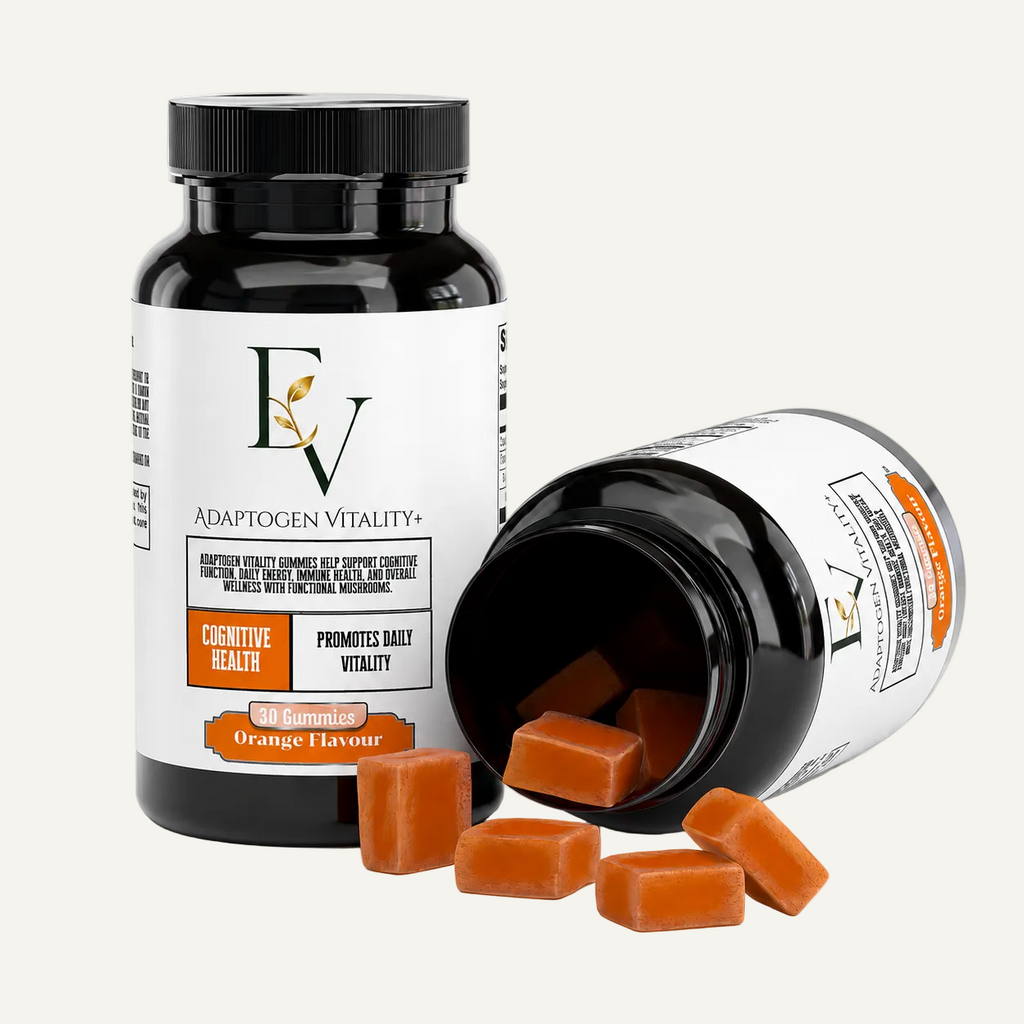 Supplement bottle with orange-flavored gummies on a white background