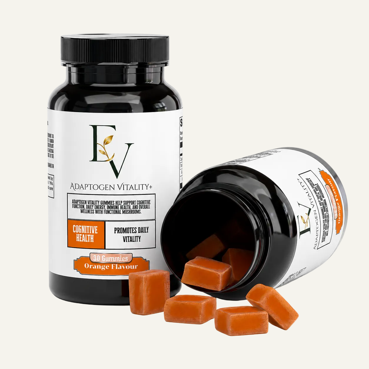 Supplement bottle with orange-flavored gummies on a white background