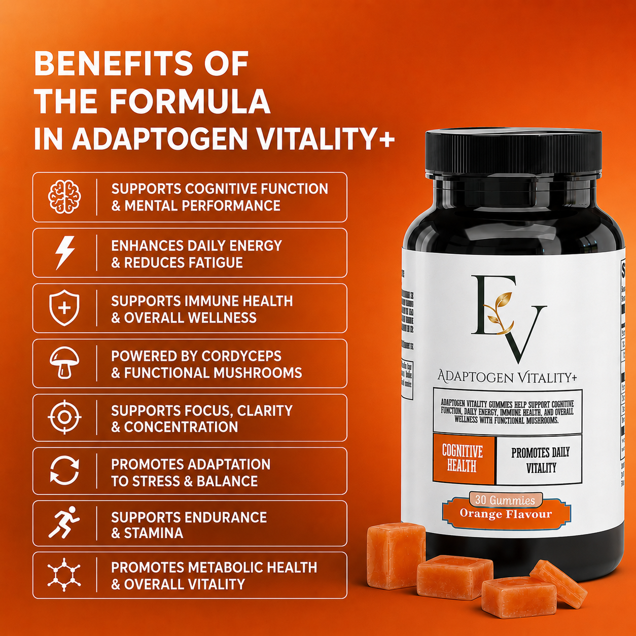 Adaptogen Vitality+ supplement bottle with benefits listed on an orange background