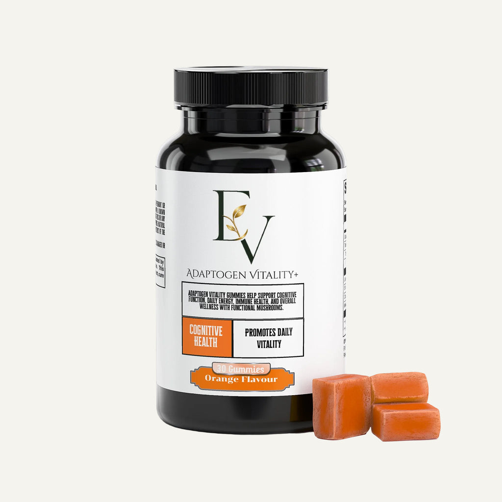 Supplement bottle with a white label and two orange chewable tablets on a white background