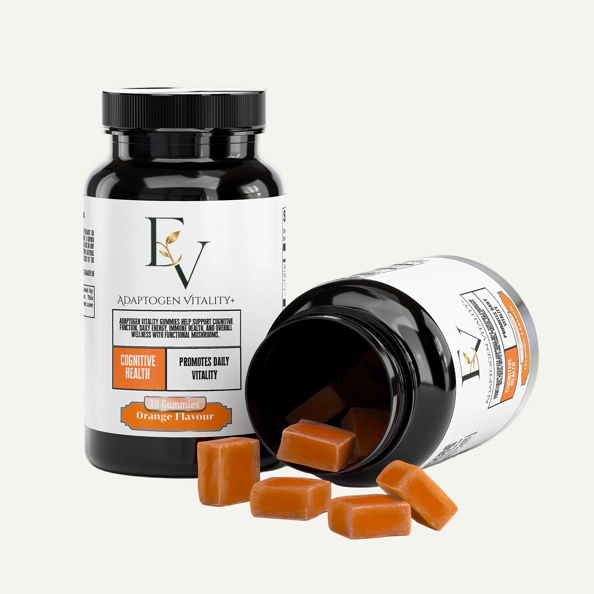 Supplement bottle with orange-flavored gummies on a white background