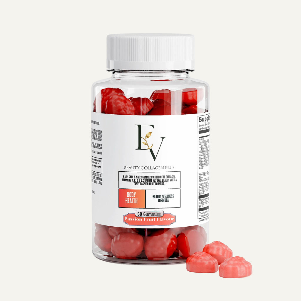 Bottle of Beauty Collagen Plus gummies with red gummy bears on a white background