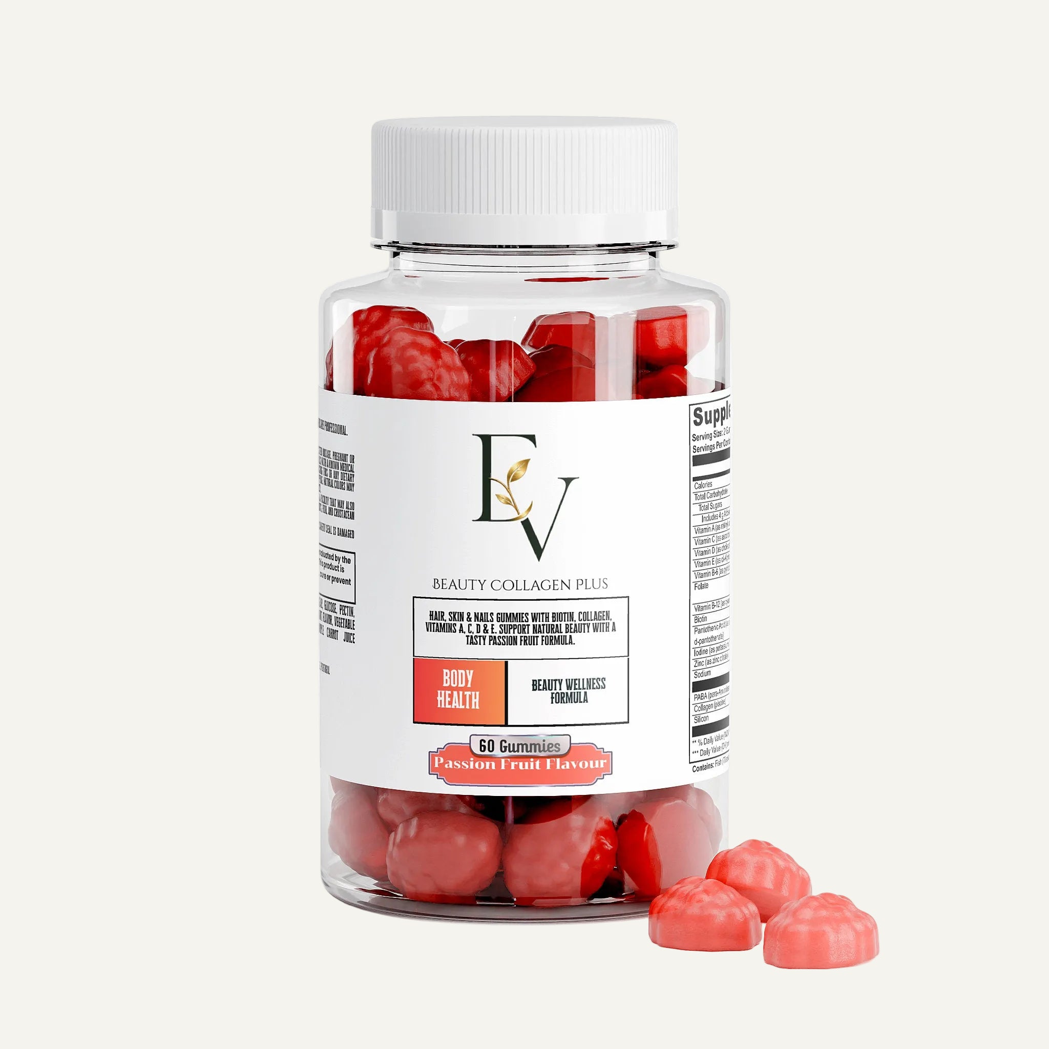 Bottle of Beauty Collagen Plus gummies with red gummy bears on a white background