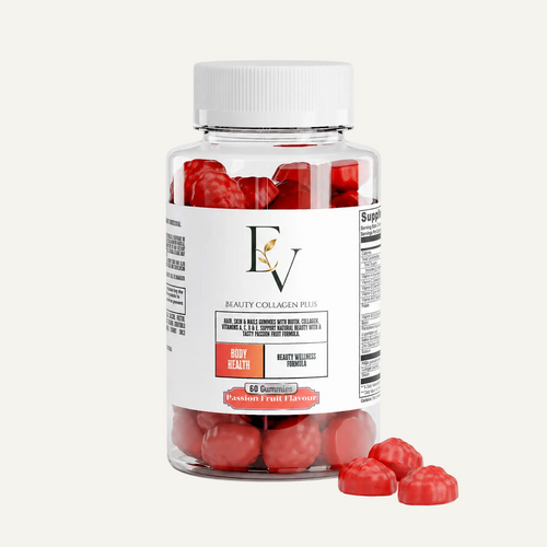 Bottle of Beauty Collagen Plus gummies with a white label on a white background