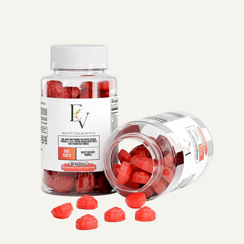 Bottle of red gummy supplements with a white cap on a white background