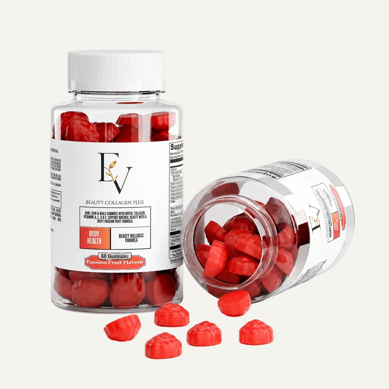 Bottle of red gummy supplement with a white cap on a white background