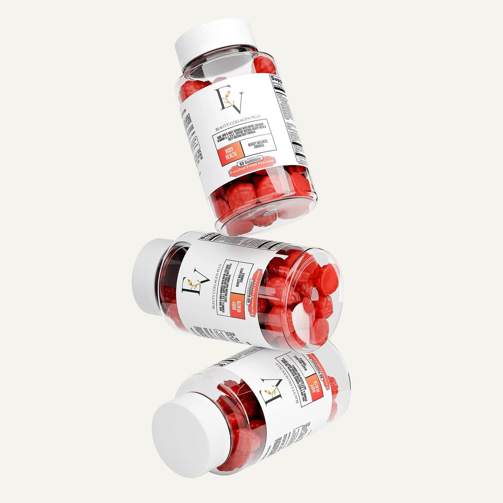 Three bottles of red capsules with white labels on a white background