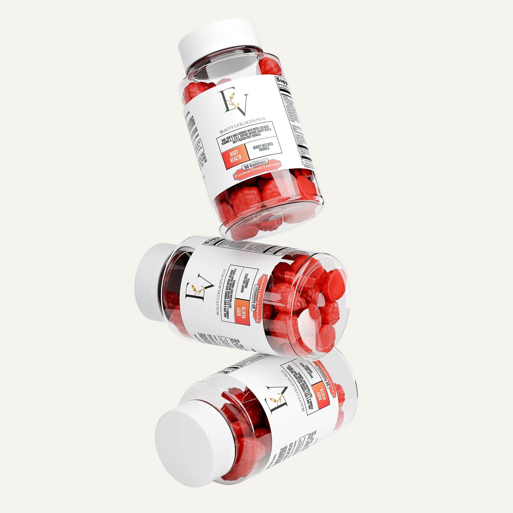 Three bottles of red capsules with white labels on a white background