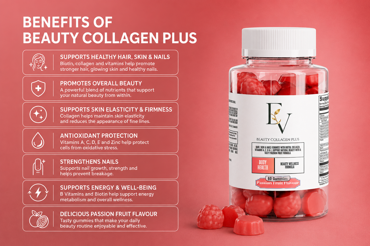 Beauty Collagen Plus supplement bottle with benefits listed on a red background