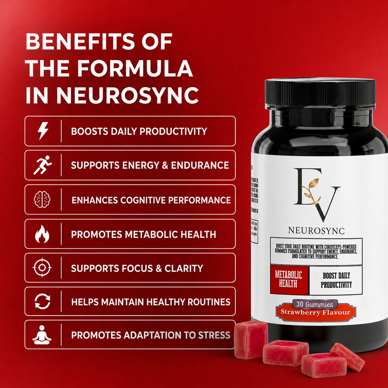 Neurosync supplement bottle with benefits listed on a red background