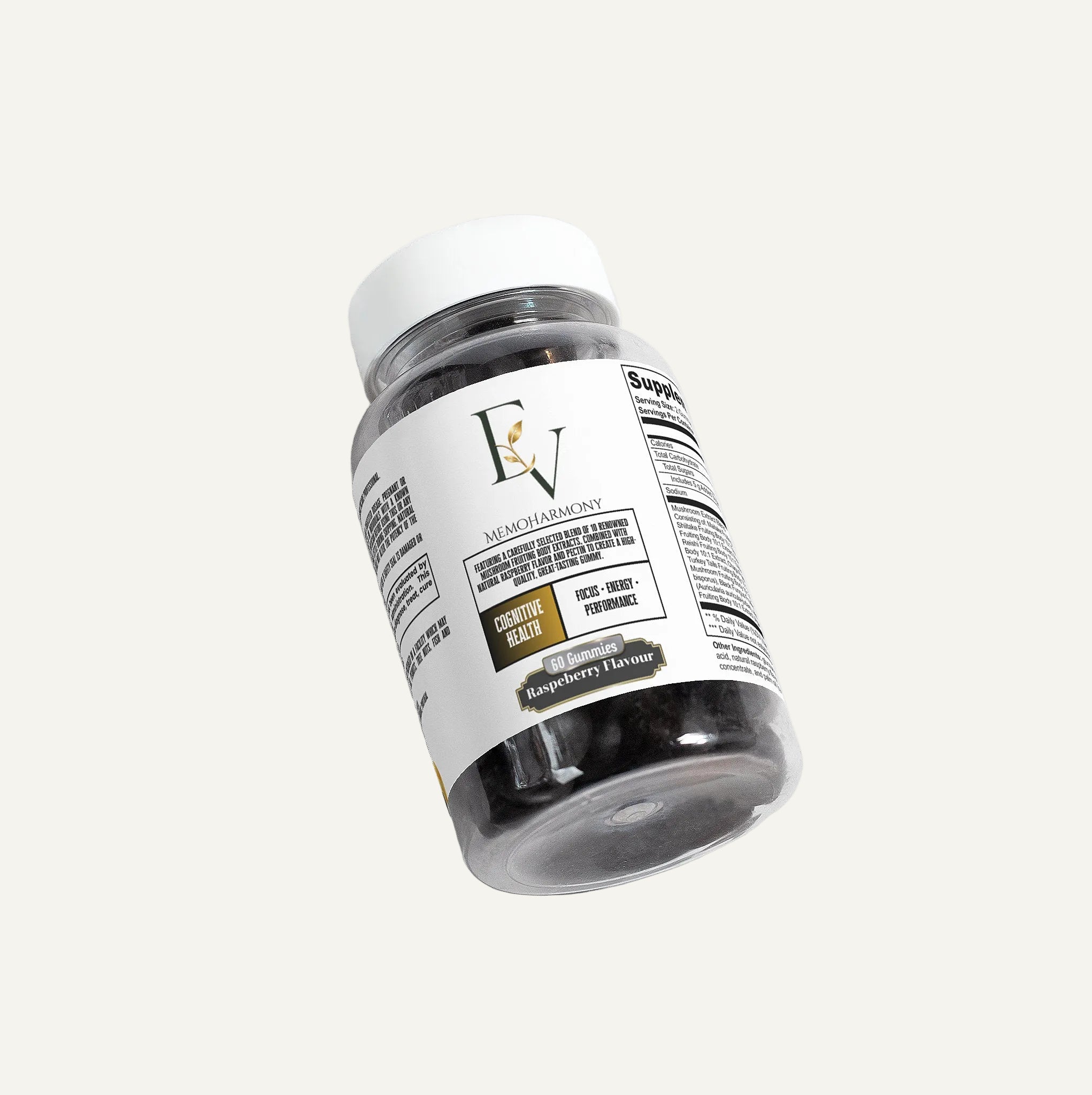 Bottle of raspberry-flavored supplement with label on a white background
