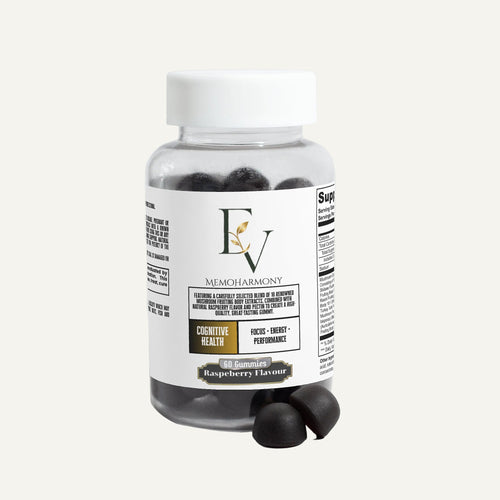 Bottle of Memoharmony gummies with a white label on a light gray background