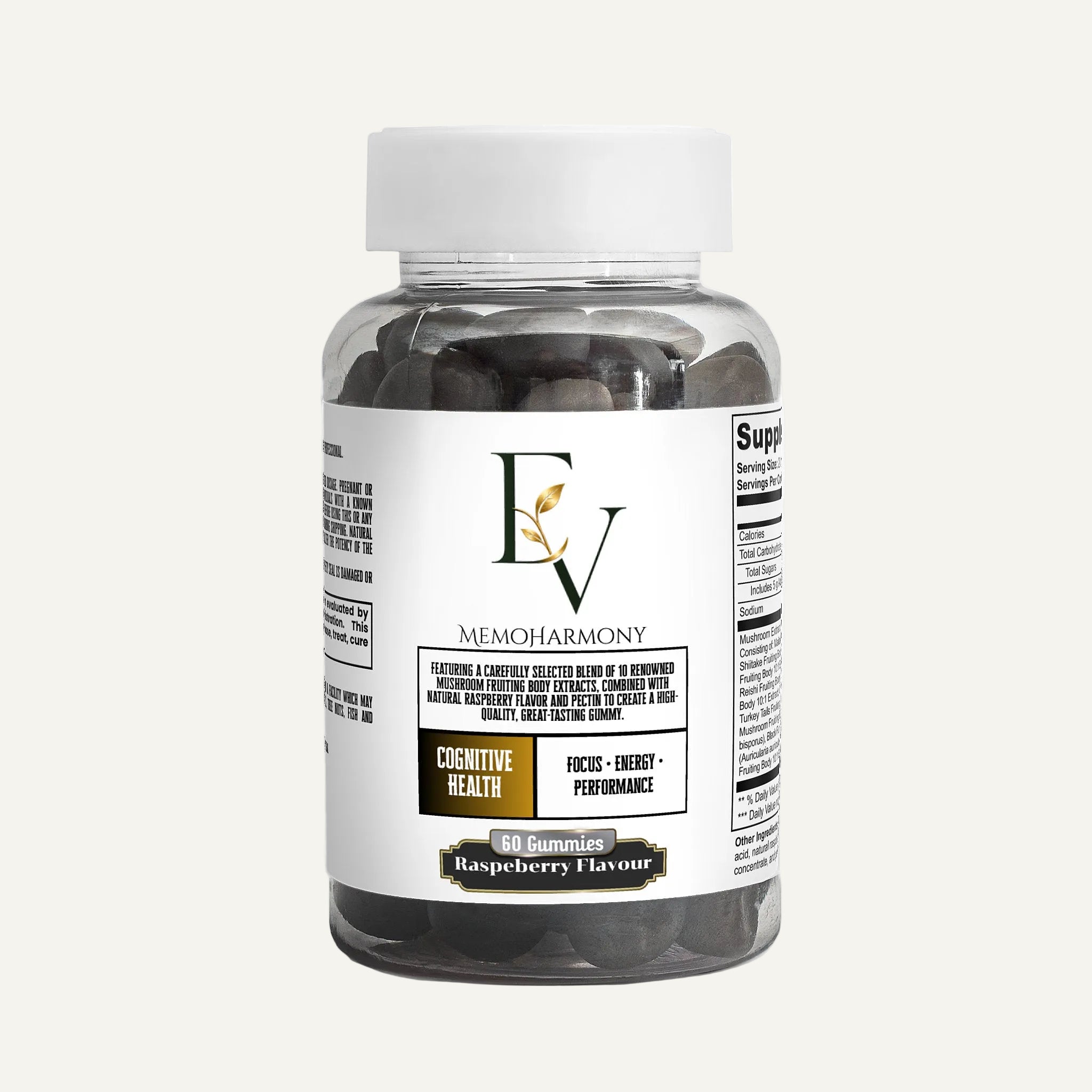 Bottle of MemoHarmony gummies on a white background