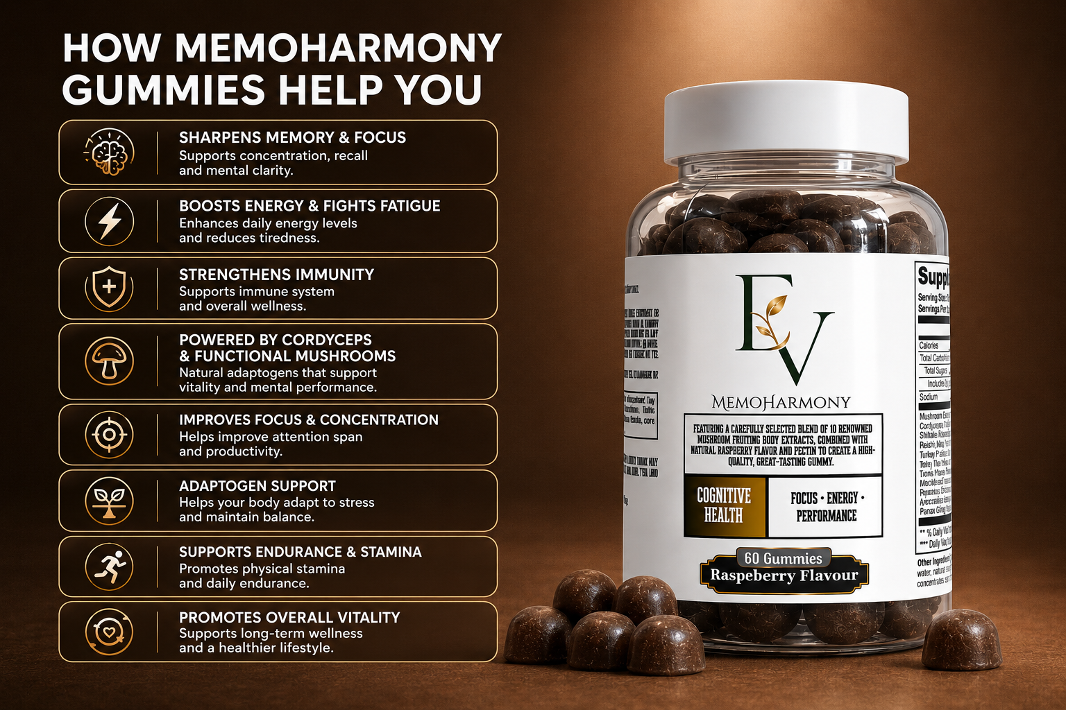 Memoharmony gummies bottle with benefits listed on a brown background