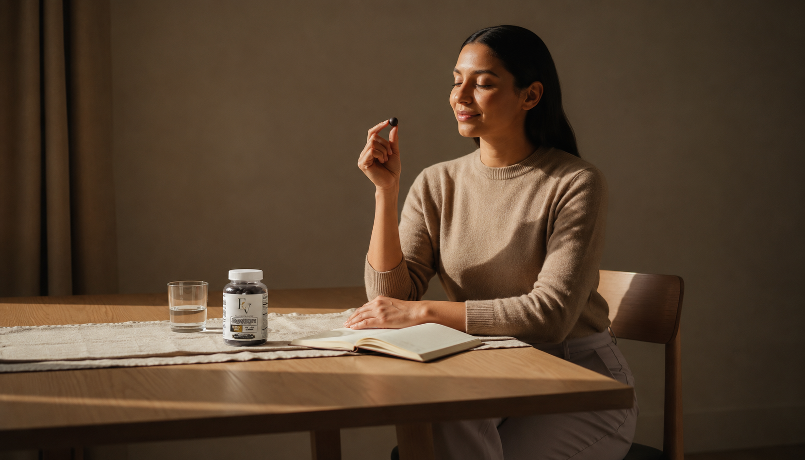 Woman sitting at a table with a bottle of supplements, glass of water, and notebook.
