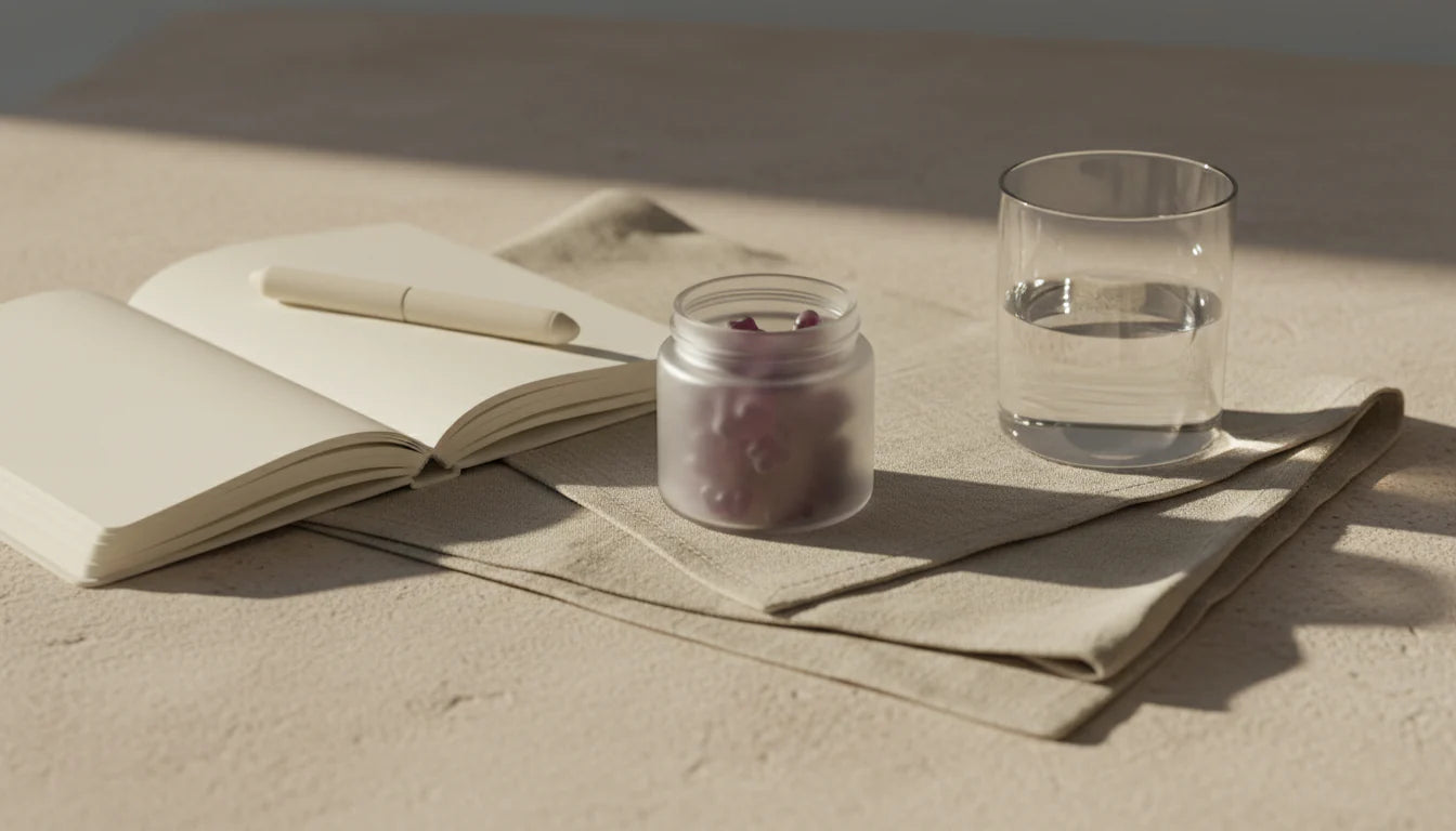 Open book, glass of water, and small jar on a textured surface