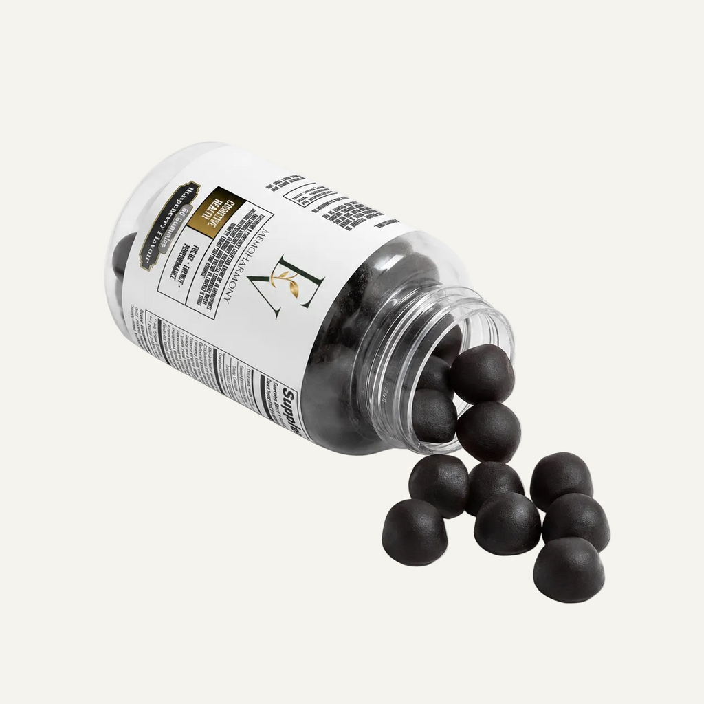 Bottle of black pills with a label on a white background