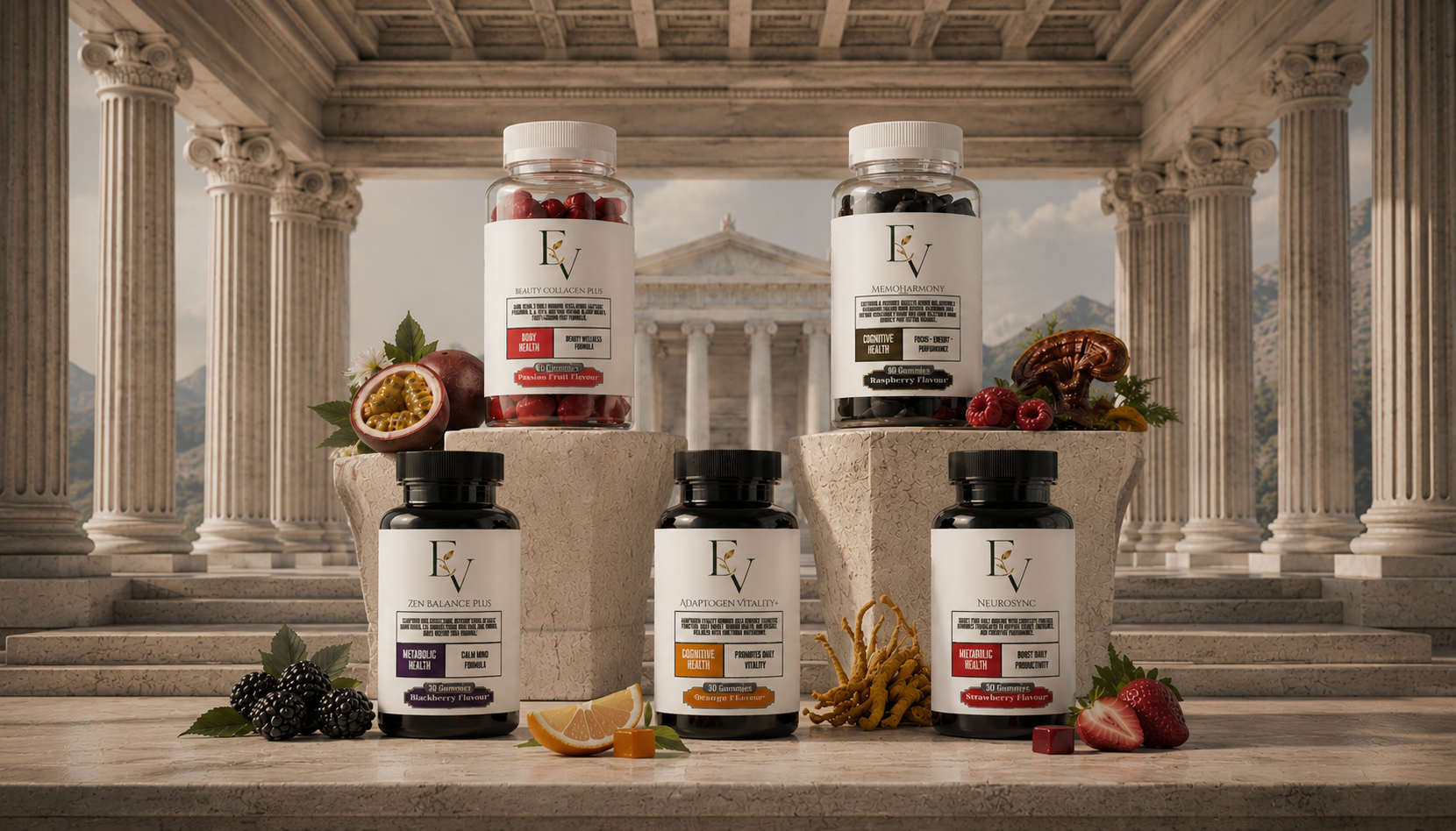Supplement bottles with fruits on a classical architecture background
