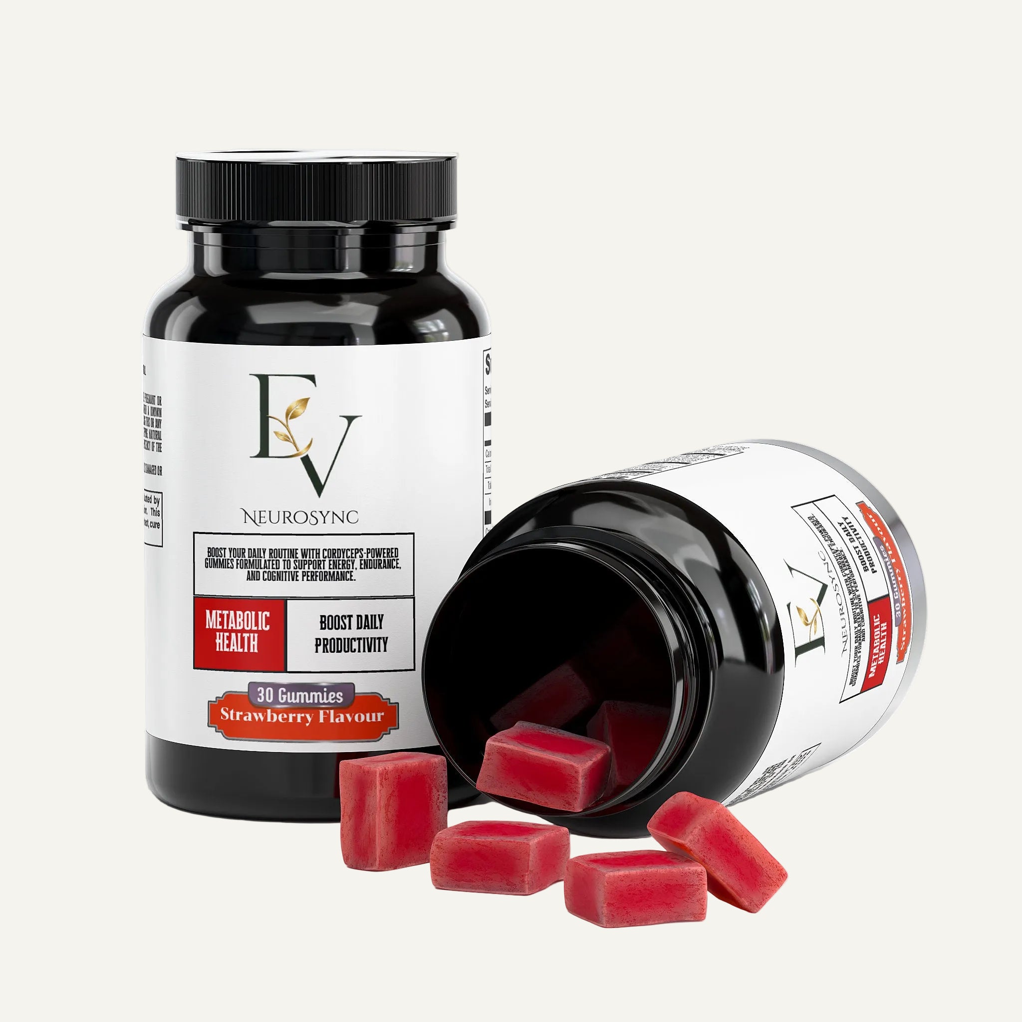 Neurosync gummy supplement bottle with open lid showing red gummies on a white background