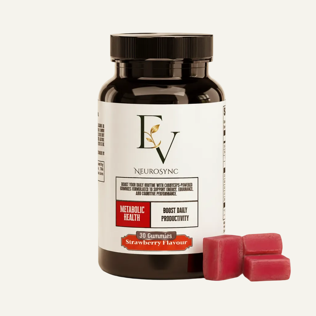 Neurosync supplement bottle with gummies on a white background