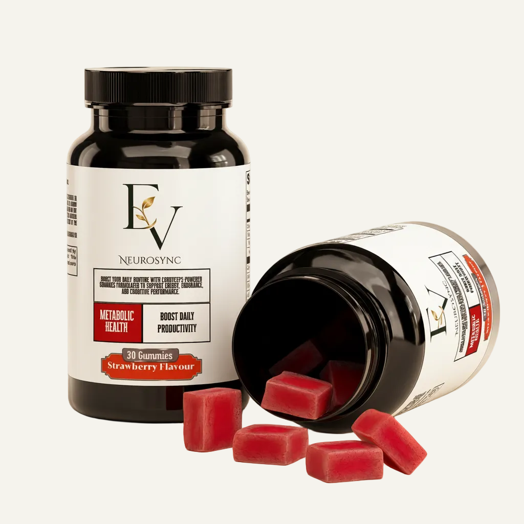 Neurosync gummy supplement bottle with open lid showing red gummies on a white background