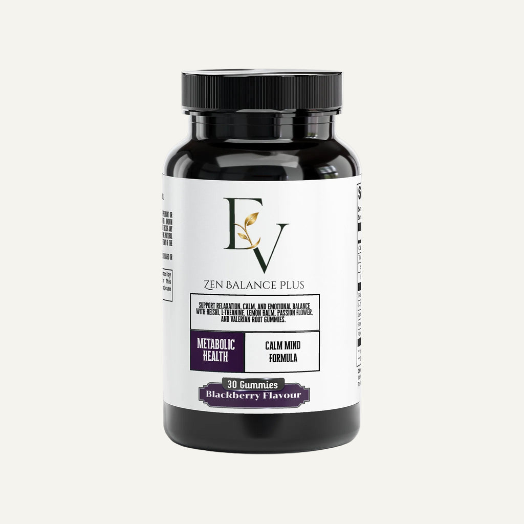 Supplement bottle labeled 'Zen Balance Plus' on a white background