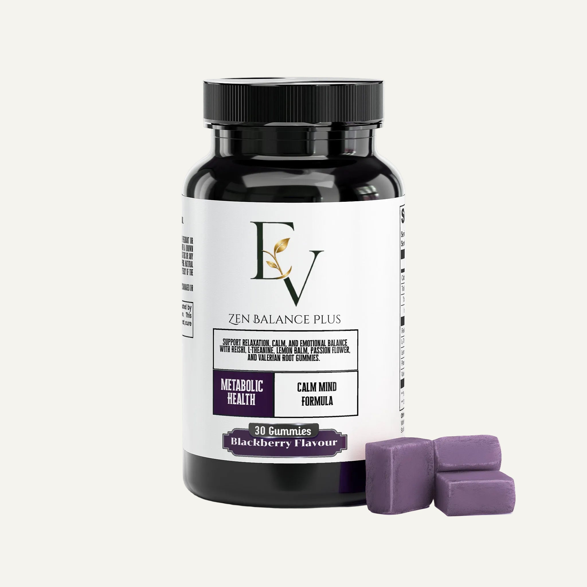 Supplement bottle labeled 'EV' with purple gummies on a white background