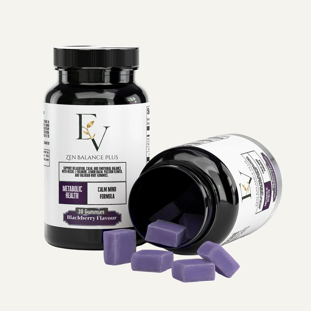 Supplement bottle labeled 'EV' with purple gummies on a white background