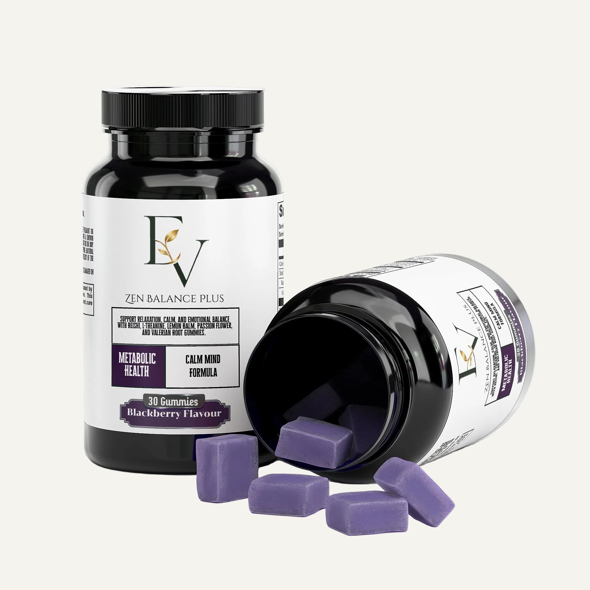 Supplement bottle labeled 'EV' with purple gummies on a white background