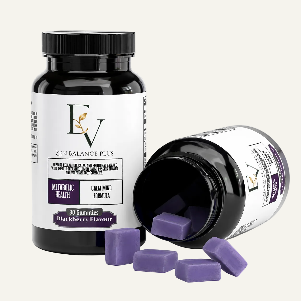 Two bottles of 'Zen Balance Plus' gummies with purple gummy bears on a white background