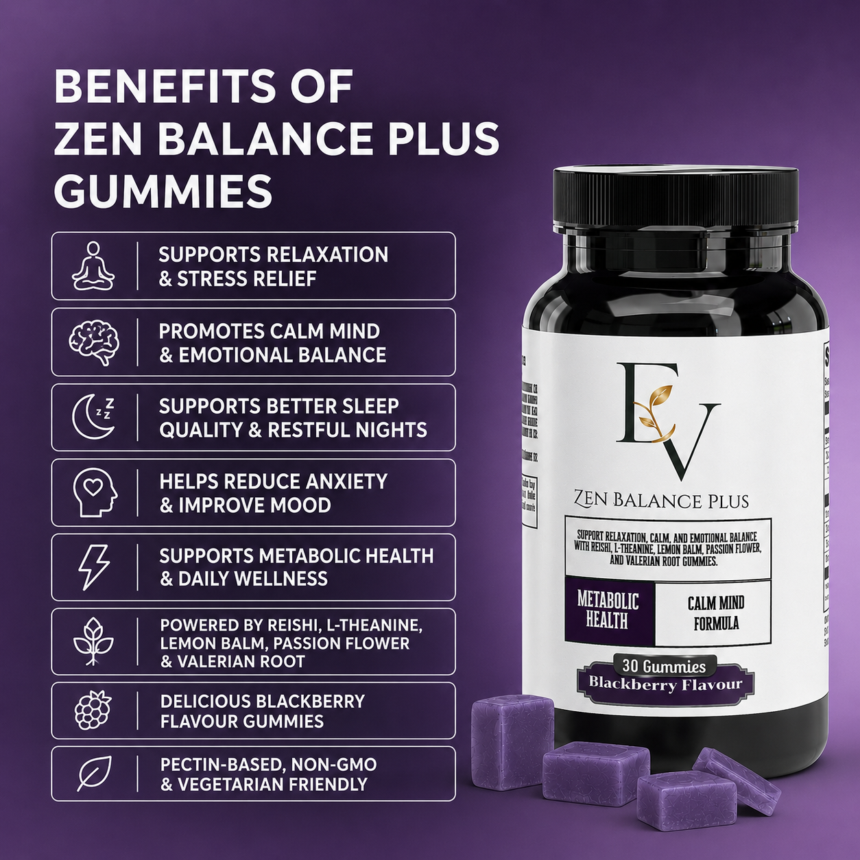 Bottle of Zen Balance Plus Gummies with benefits listed on a purple background