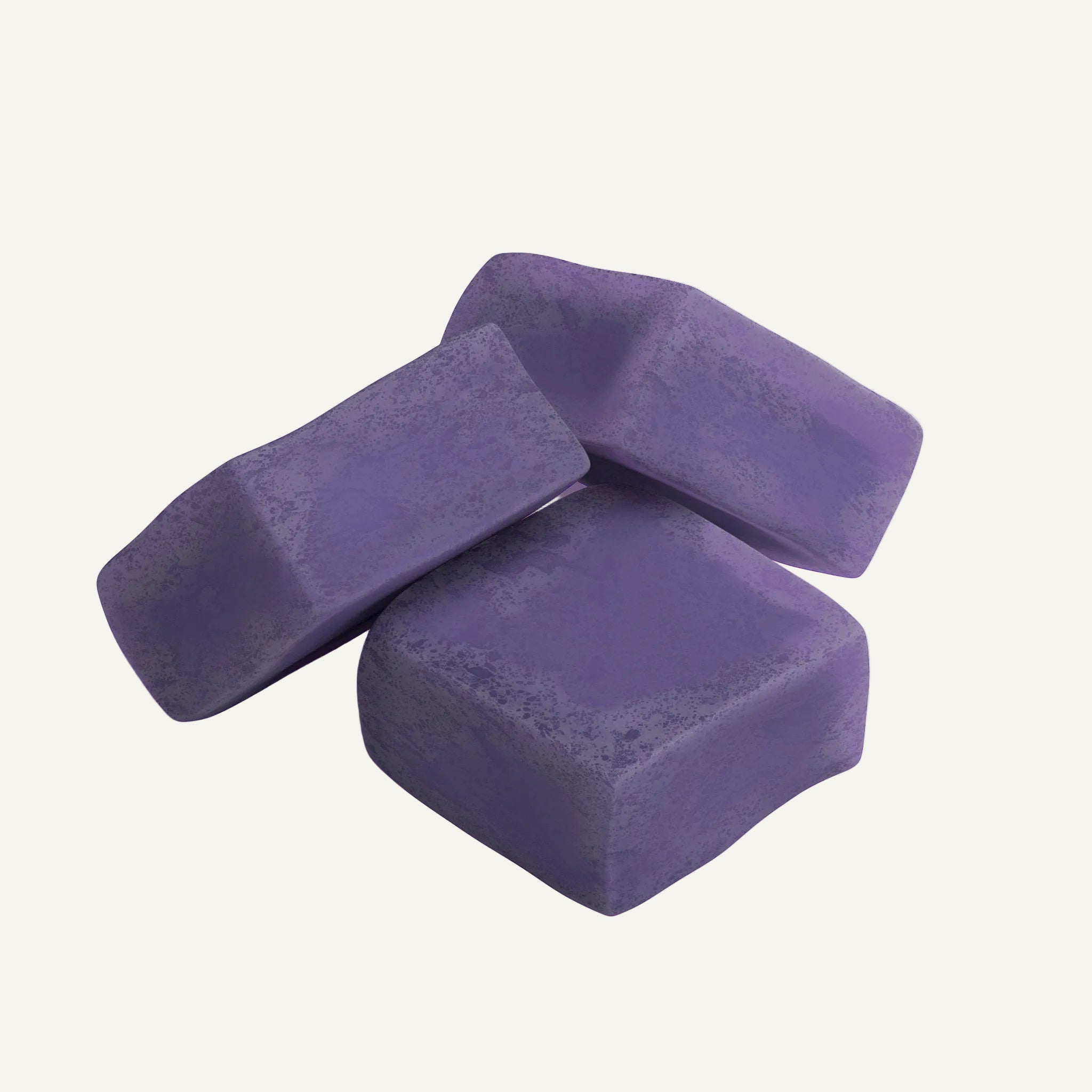Three purple soap bars on a white background