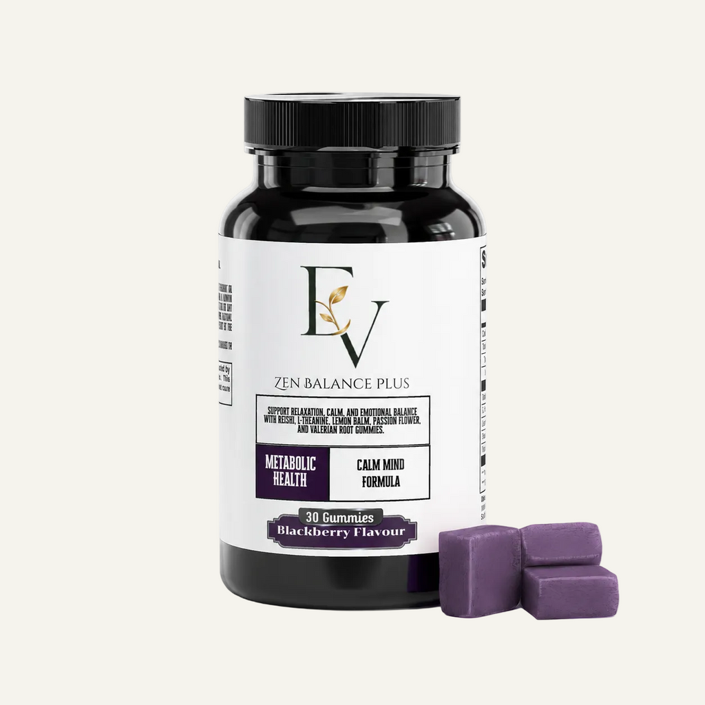 Supplement bottle labeled 'Zen Balance Plus' with purple gummies on a white background